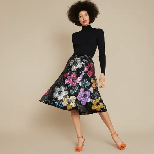 Floral Skirt Dress it Up with Sequins and Heels