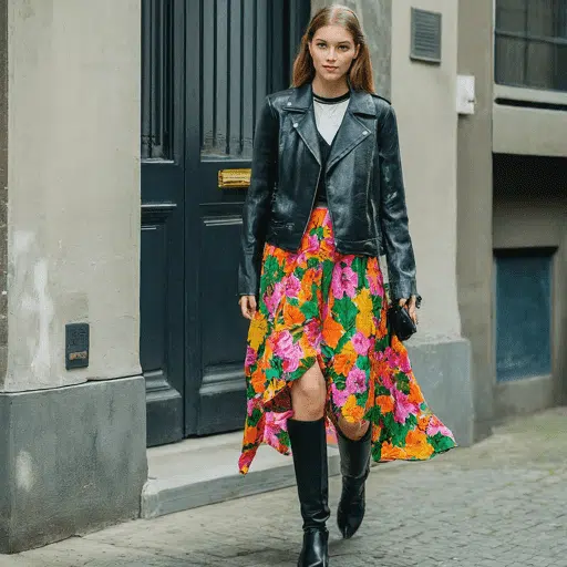 Floral Skirt with Boots and Leather Jacket